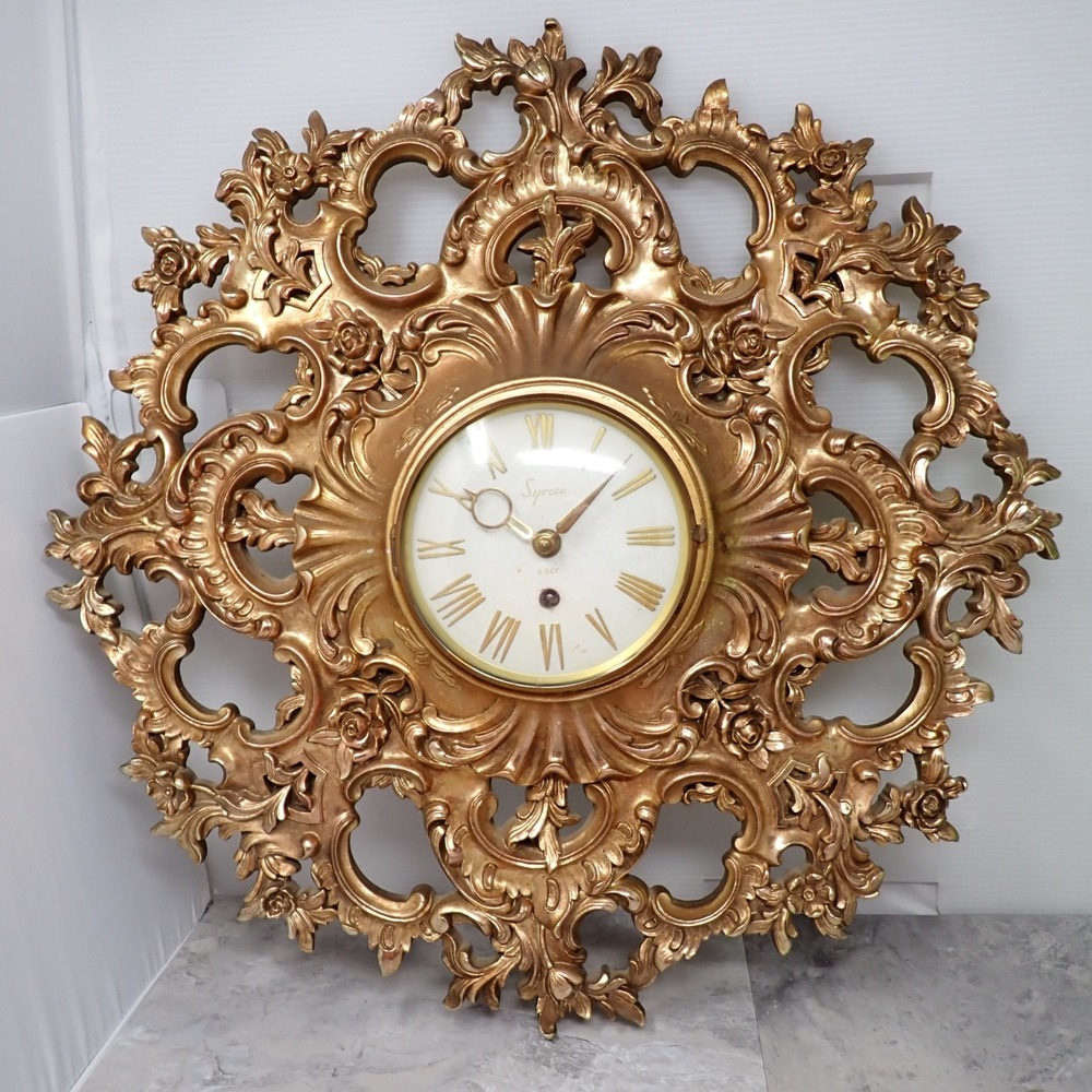 Vintage Syroco 8 Day Wall Clock Gold Hollywood Regency Ornate Floral 20 Inch